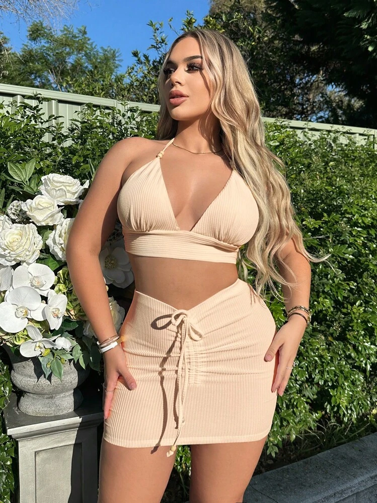 SHEIN SXY Top halter sin espalda con lazo y falda ajustada al frente fruncida - Albaricoque - Añade 5