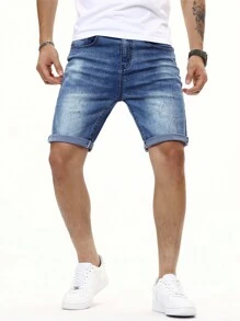 Manfinity Homme Hombres Shorts en mezclilla algodón con bolsillo oblicuo - Azul lavado medio - Ver 1