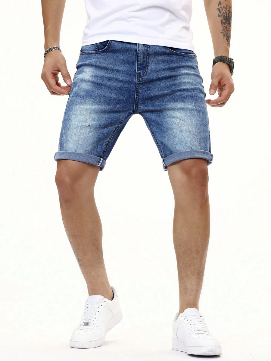Manfinity Homme Hombres Shorts en mezclilla algodón con bolsillo oblicuo - Azul lavado medio - Ver 1