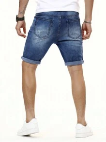 Manfinity Homme Hombres Shorts en mezclilla algodón con bolsillo oblicuo - Azul lavado medio - Ver 2