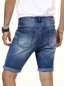 Manfinity Homme Hombres Shorts en mezclilla algodón con bolsillo oblicuo - Azul lavado medio - Ver 4