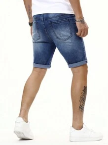Manfinity Homme Hombres Shorts en mezclilla algodón con bolsillo oblicuo - Azul lavado medio - Ver 7