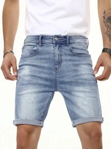 Manfinity Homme Men Cotton Cat Whisker Washed Denim Shorts - Light Wash - View 3
