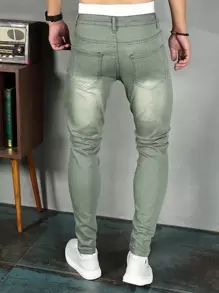 Manfinity Homme Men Solid Skinny Jeans Slim Fit Long Washed Light Jean Cargo Plain Green Office Basic Husband Going Out Street Hang Out Disco Hang Out - Green - View 2