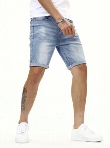 Manfinity Homme Men Cotton Cat Whisker Washed Denim Shorts - Light Wash - View 5
