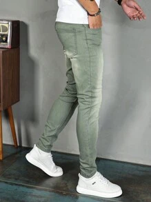 Manfinity Homme Men Solid Skinny Jeans Slim Fit Long Washed Light Jean Cargo Plain Green Office Basic Husband Going Out Street Hang Out Disco Hang Out - Green - View 5