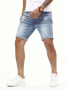 Manfinity Homme Men Cotton Cat Whisker Washed Denim Shorts - Light Wash - View 6