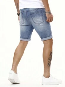 Manfinity Homme Men Cotton Cat Whisker Washed Denim Shorts - Light Wash - View 7