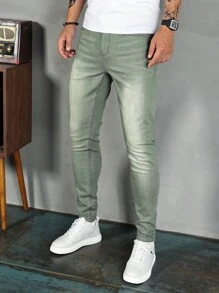 Manfinity Homme Men Solid Skinny Jeans Slim Fit Long Washed Light Jean Cargo Plain Green Office Basic Husband Going Out Street Hang Out Disco Hang Out - Green - View 6