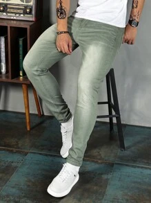 Manfinity Homme Men Solid Skinny Jeans Slim Fit Long Washed Light Jean Cargo Plain Green Office Basic Husband Going Out Street Hang Out Disco Hang Out - Green - View 7