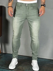 Manfinity Homme Men Solid Skinny Jeans Slim Fit Long Washed Light Jean Cargo Plain Green Office Basic Husband Going Out Street Hang Out Disco Hang Out - Green - View 8