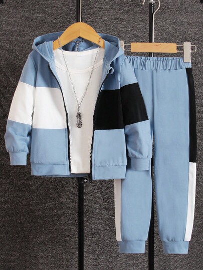 SHEIN Bluza z kapturem i spodniami dresowymi Young Boy Colorblock z zamkiem błyskawicznym bez koszulki