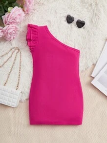 SHEIN Niñas Vestido de un hombro ribete con fruncido - Rosa Fucsia - Ver 1