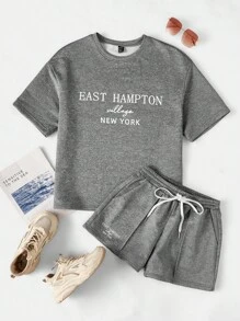 SHEIN EZwear 字母圖案落肩T恤和短褲 - 灰色 - 查看 1