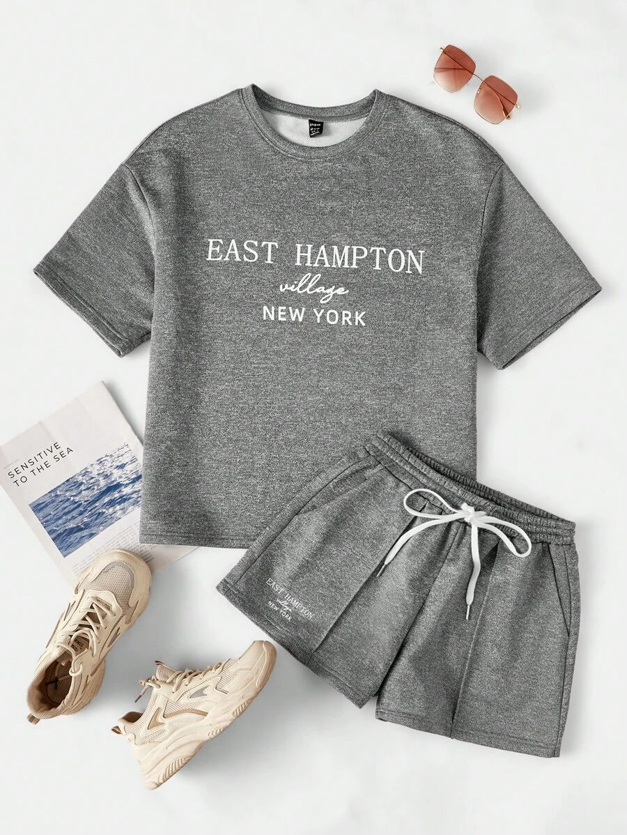 SHEIN EZwear 字母圖案落肩T恤和短褲 - 灰色 - 查看 1
