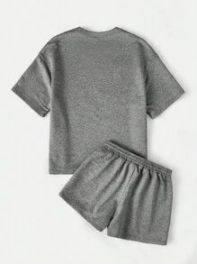 SHEIN EZwear 字母圖案落肩T恤和短褲 - 灰色 - 查看 2