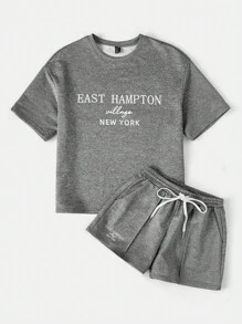 SHEIN EZwear 字母圖案落肩T恤和短褲 - 灰色 - 查看 3