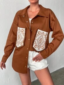 Pocket Patched Drop Shoulder Shirt - màu nâu - Xem 1