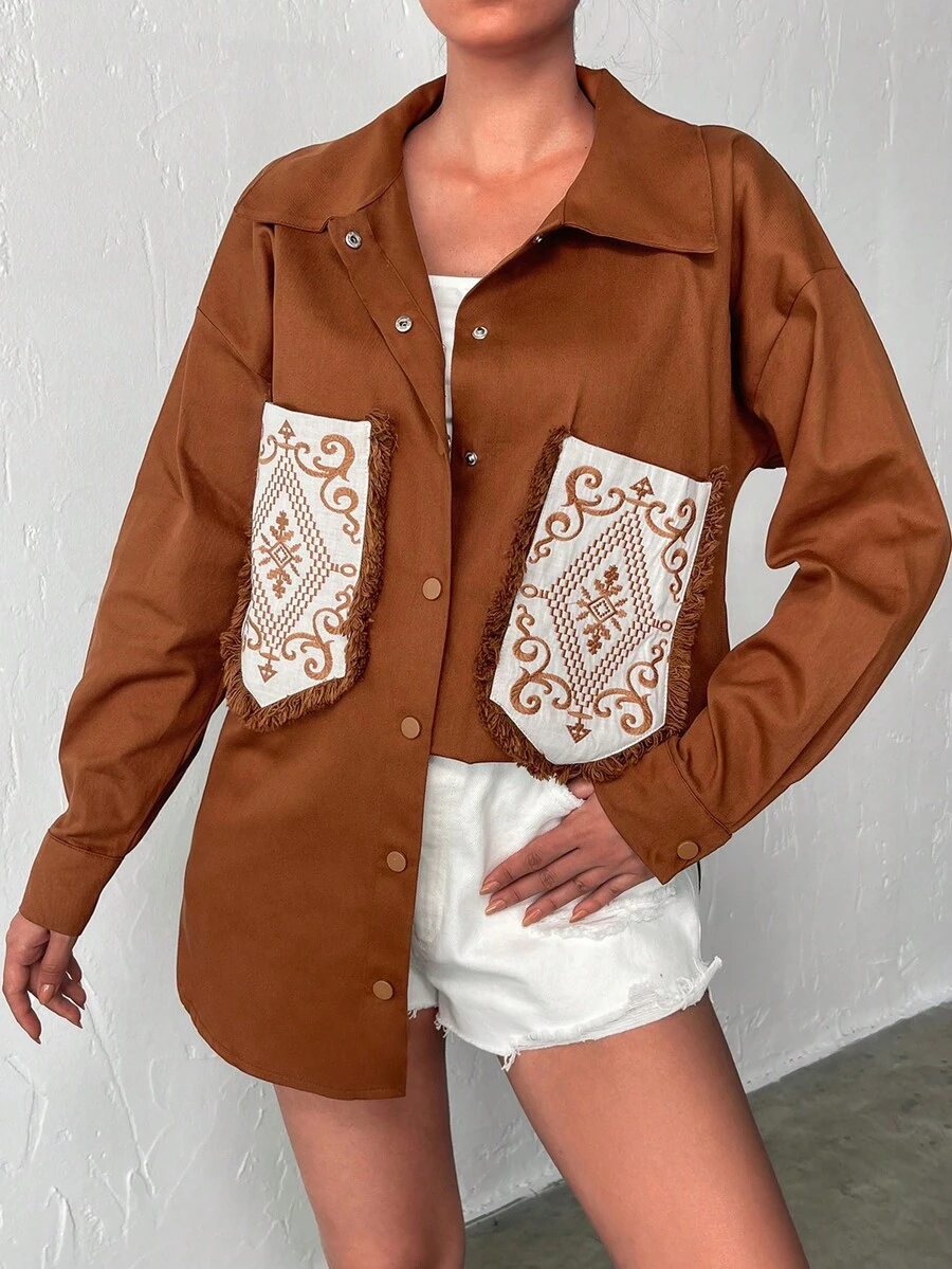 Pocket Patched Drop Shoulder Shirt - màu nâu - Xem 1