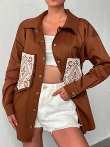 Pocket Patched Drop Shoulder Shirt - màu nâu - Xem 3