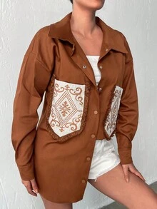 Pocket Patched Drop Shoulder Shirt - màu nâu - Xem 5