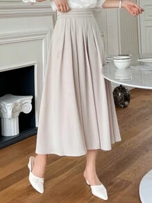 DAZY 高腰褶裥细节裙 - 卡其色 - 查看 1