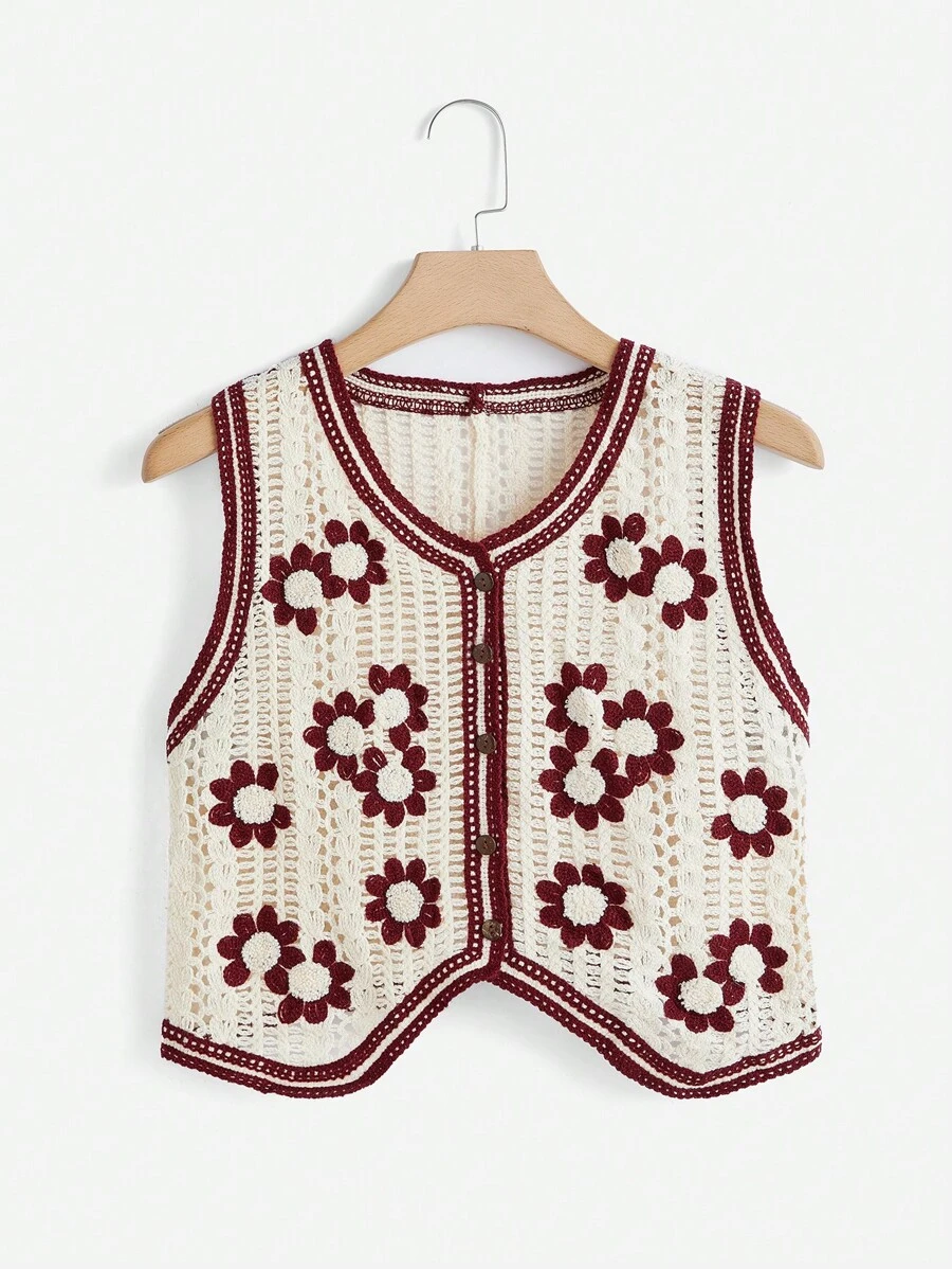 SHEIN LUNE 花卉圖案前紐扣毛衣背心 - 紫紅色 - 查看 1