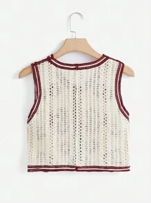 SHEIN LUNE 花卉圖案前紐扣毛衣背心 - 紫紅色 - 查看 2