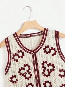 SHEIN LUNE 花卉圖案前紐扣毛衣背心 - 紫紅色 - 查看 4