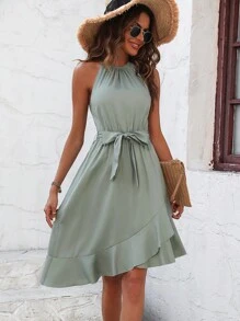 SHEIN Clasi Solid Ruffle Hem Belted Halter Dress - Green - View 1