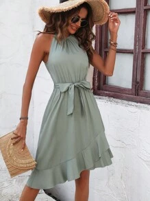 SHEIN Clasi Solid Ruffle Hem Belted Halter Dress - Green - View 4