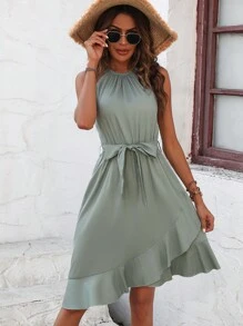 SHEIN Clasi Solid Ruffle Hem Belted Halter Dress - Green - View 5