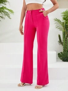 EURMUSE Chất rắn Túi nghiêng Quần ống loe - Màu Hồng Tươi - Xem 3