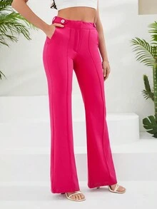 EURMUSE Chất rắn Túi nghiêng Quần ống loe - Màu Hồng Tươi - Xem 5