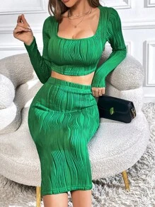SHEIN Privé Square Neck Crop Top & Skirt - Green - View 4