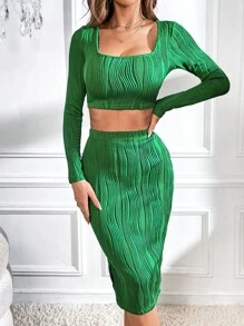 SHEIN Privé Square Neck Crop Top & Skirt - Green - View 5