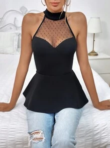SHEIN Privé Contrast Mesh Peplum Halter Top - Black - View 1