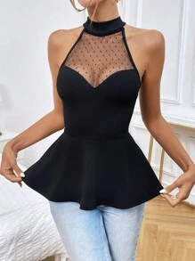 SHEIN Privé Contrast Mesh Peplum Halter Top - Black - View 3