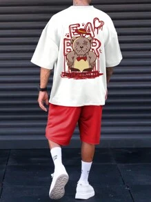 Manfinity EMRG 男士熊和標語圖案落肩T恤和短褲 - 紅白色 - 查看 1