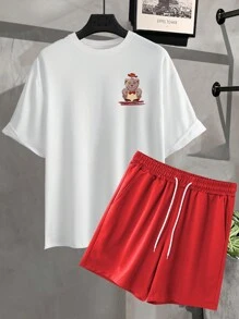 Manfinity EMRG 男士熊和標語圖案落肩T恤和短褲 - 紅白色 - 查看 2