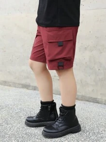 SHEIN 男孩翻蓋口袋彈性腰帶短褲 - 酒紅色 - 查看 4