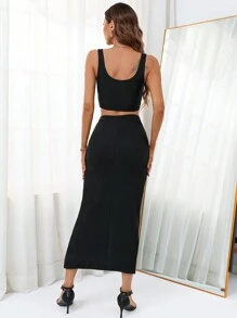 Firerie Solid Crop Tank Top & Button Front Split Thigh Skirt - Black - View 2