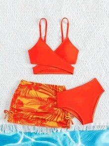 SHEIN Tween Girl 1 套裹身比基尼套装，带 1 件热带印花罩裙，夏季海滩泳衣