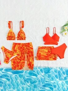 SHEIN Tween Girl 1 套裹身比基尼套装，带 1 件热带印花罩裙，夏季海滩泳衣