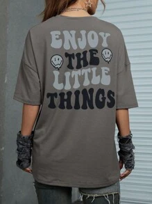 ROMWE Street Life Slogan Graphic Oversized Tee - Grey - View 1