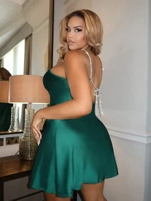 大碼素色緞面掛脖連衣裙 - 墨綠色 - 查看 2