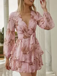 Acelitt Lace Waist Layered Pleated Floral Print Valentine's Day Dress - Pink - View 1