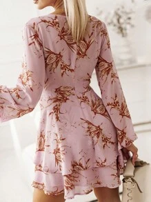 Acelitt Lace Waist Layered Pleated Floral Print Valentine's Day Dress - Pink - View 2