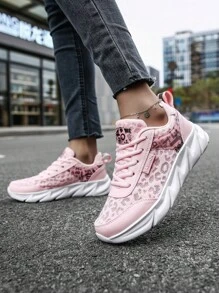 Sporty Pink Running Shoes For Women, Leopard Pattern Letter Graphic Mesh Lace Up   Sneakers - Pink - View 1