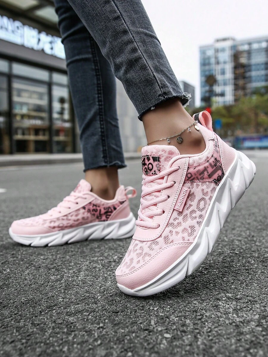 Sporty Pink Running Shoes For Women, Leopard Pattern Letter Graphic Mesh Lace Up   Sneakers - Pink - View 1
